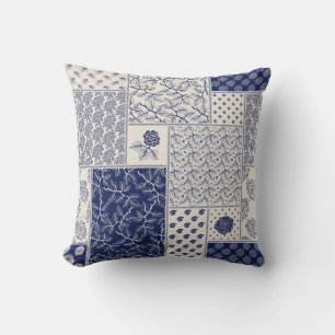 Indigo Blauw Beige Bloemen Patchwork Kussen
