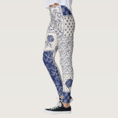 Indigo Blauw Beige Bloemen Patchwork Leggings (Links)