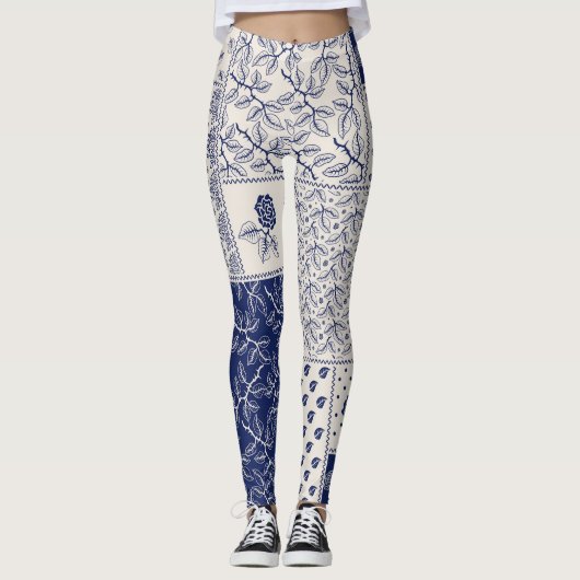 Indigo Blauw Beige Bloemen Patchwork Leggings (Voorkant)