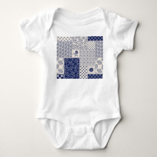 Indigo Blauw Beige Bloemen Patchwork Romper (Voorkant)