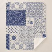 Indigo Blauw Beige Bloemen Patchwork Sherpa Deken (Voorkant)