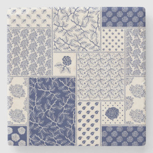 Indigo Blauw Beige Bloemen Patchwork Stenen Onderzetter