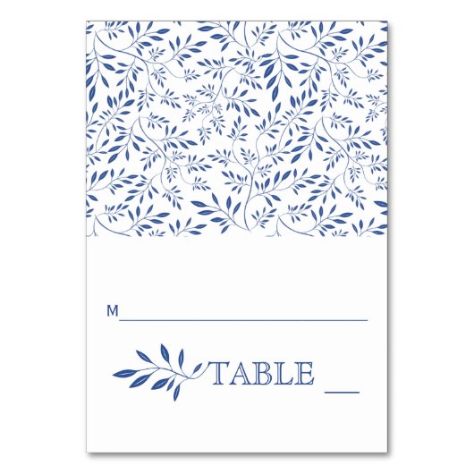 Indigo blauw blad bruiloft gevouwen escort card kaart (Voorkant)