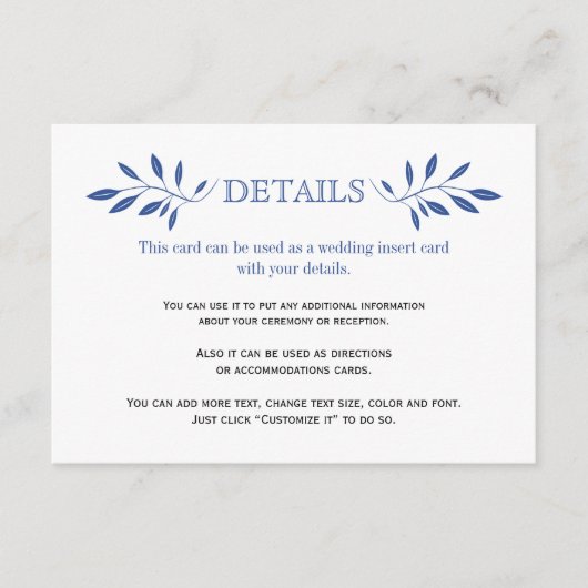 Indigo blauw blad patroon bruidsinsert kaart (Voorkant)