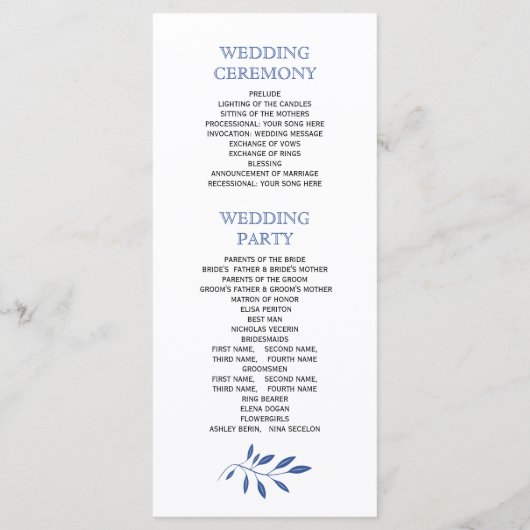 Indigo blauw blad patroon bruiloft programma programmakaart (Achterkant)