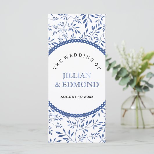 Indigo blauw blad patroon bruiloft programma programmakaart (Staand voorkant)