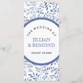 Indigo blauw blad patroon bruiloft programma programmakaart (Voorkant)