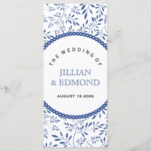 Indigo blauw blad patroon bruiloft programma programmakaart (Voorkant)