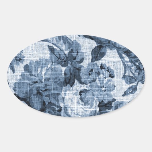 Indigo Blauw Botanische Bloemen Toile No.5 Ovale Sticker (Voorkant)