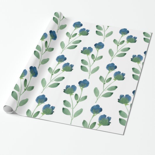 Indigo Blauw en Groen Waterverf Bloemenpatroon Cadeaupapier (Uitgerold)