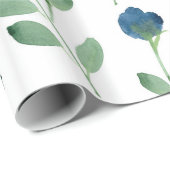 Indigo Blauw en Groen Waterverf Bloemenpatroon Cadeaupapier (Rol Hoek)