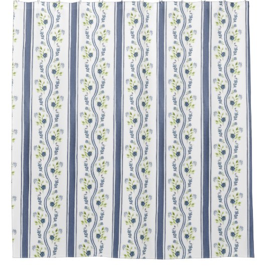 Indigo Blauw en Groene Flora Strepen Douchegordijn (Voorkant)