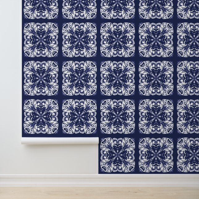 Indigo Blauw en Wit Mediterraan Tegel Patroon Behang (Applicatie)