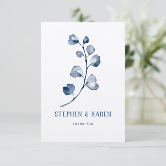 Indigo Blauw Eucalyptus Elegante Huwelijk Dank u C Bedankkaart (Staand voorkant)