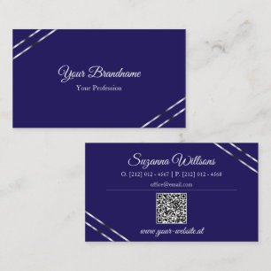 Indigo Blauw met Zilveren Lijnen en QR Code Elegan Visitekaartje