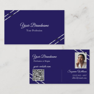 Indigo Blauw met Zilveren Lijnen Foto en QR Code Visitekaartje