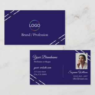 Indigo Blauw met Zilveren Lijnen Logo en Foto Visitekaartje