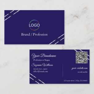 Indigo Blauw met Zilveren Lijnen Logo en QR Code Visitekaartje