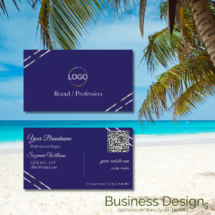 Indigo Blauw met Zilveren Lijnen Logo en QR Code Visitekaartje