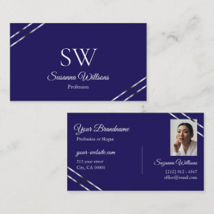 Indigo Blauw met Zilveren Lijnen Monogram en Foto Visitekaartje