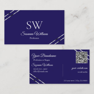 Indigo Blauw met Zilveren Lijnen Monogram en QR Co Visitekaartje