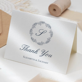 Indigo Blauw Monogram Krans Huwelijk Dank u Kaart