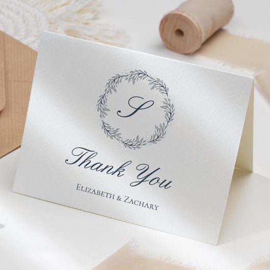 Indigo Blauw Monogram Krans Huwelijk Dank u Kaart