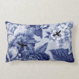 Indigo Blauw Vintage Botanisch & Insecten Bloemen  Kussen