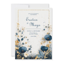 Indigo Blauw Waterverf Goud Bloem Motief Elegante