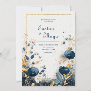 Indigo Blauw Waterverf Goud Bloem Motief Elegante Kaart