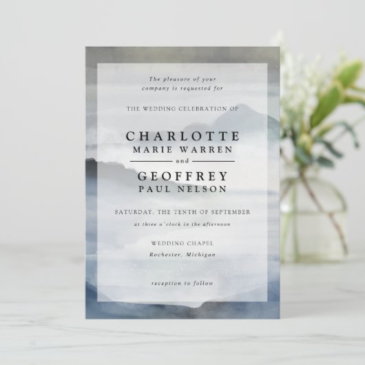 Indigo blauw waterverf mistige landschap bruiloft kaart (Staand voorkant)