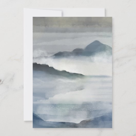 Indigo blauw waterverf mistige landschap bruiloft kaart (Achterkant)