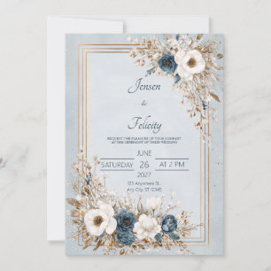 Indigo Blauw Wit Goud Bloem Motief Winter Elegant Kaart