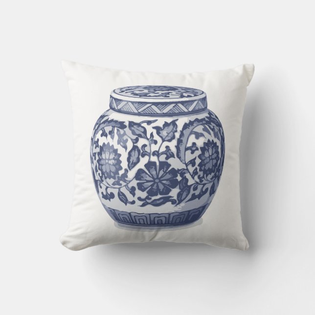 Indigo Blauw Wit Hamptons Ginger Jar Vaas Print Kussen (Voorkant)