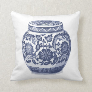 Indigo Blauw Wit Hamptons Ginger Jar Vaas Print Kussen