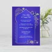 Indigo Blauw Zilver Henna Uitnodiging Na Trouwen (Staand voorkant)