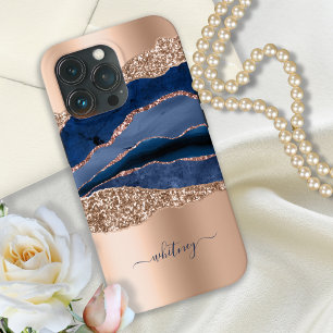Indigo Blauwe Agaat & Roos Gouden Glitter Modern Case-Mate iPhone Case