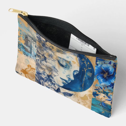  Indigo Blauwe Bloemen Abstracte Collage Etui (Open)