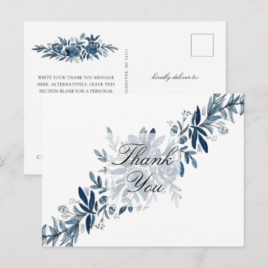 Indigo blauwe bloemen dank u kaart (Voorkant / Achterkant)