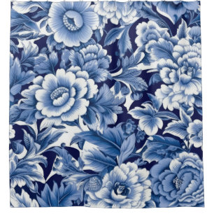Indigo Blauwe Bloemen Douchegordijn