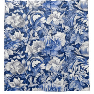 Indigo Blauwe Bloemen Douchegordijn