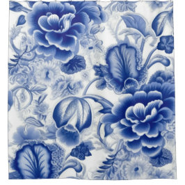 Indigo Blauwe Bloemen Douchegordijn