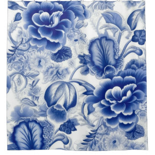 Indigo Blauwe Bloemen Douchegordijn