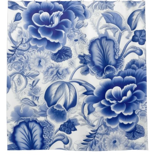 Indigo Blauwe Bloemen Douchegordijn (Voorkant)