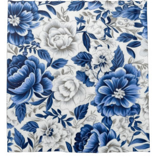 Indigo Blauwe Bloemen Douchegordijn