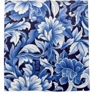 Indigo Blauwe Bloemen Douchegordijn