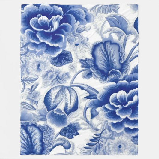 Indigo blauwe bloemen fleece deken (Voorkant)