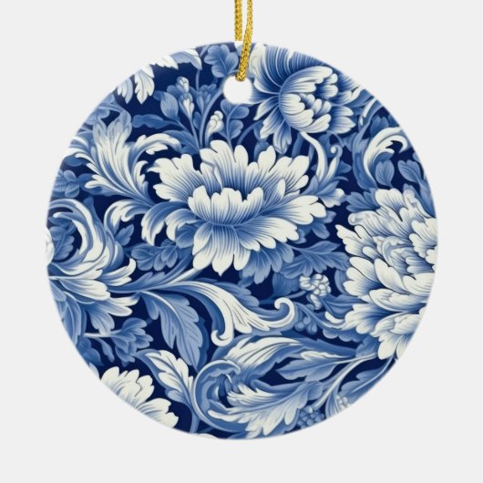Indigo Blauwe Bloemen Keramisch Ornament (Voorkant)