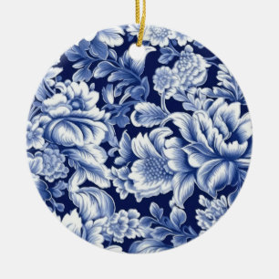 Indigo Blauwe Bloemen Keramisch Ornament
