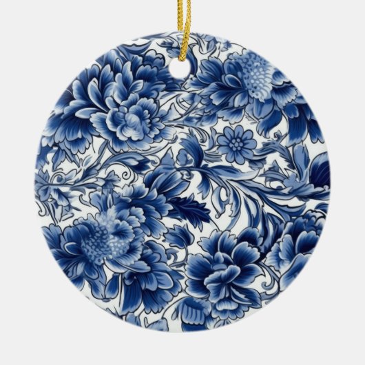 Indigo Blauwe Bloemen Keramisch Ornament (Voorkant)